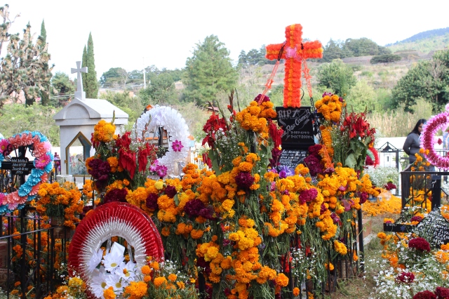 Colourful wreaths and flower-covered crosses mark graves
